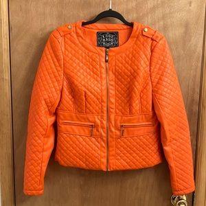 last kiss Bright Orange Quilted Faux Leather Jacket